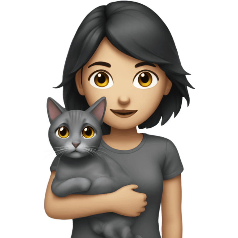 Girl with dark hair and grey cat emoji