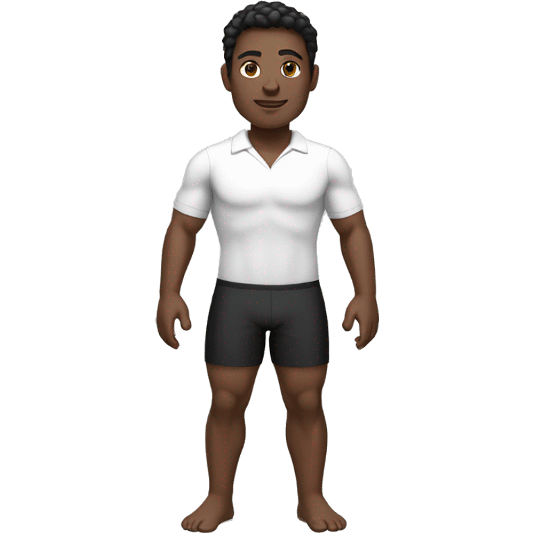 swimming teacher, dark skin, black hair, short, wearing a white shirt, black shorts, normal physical build, lower lip a little larger than the upper lip. emoji