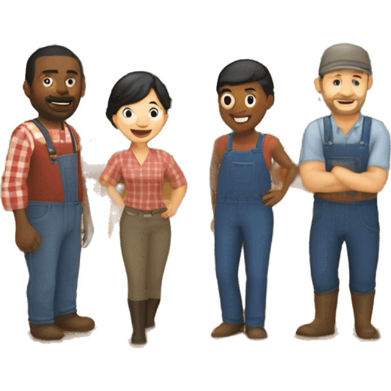 barn with two farmers, one male and one female and some customers of various ethnic backgrounds on a farm with barn in background emoji