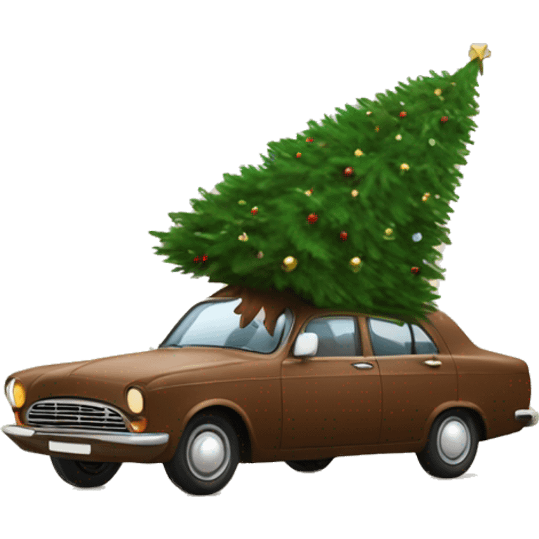 a brown car carries a beautiful Christmas tree emoji