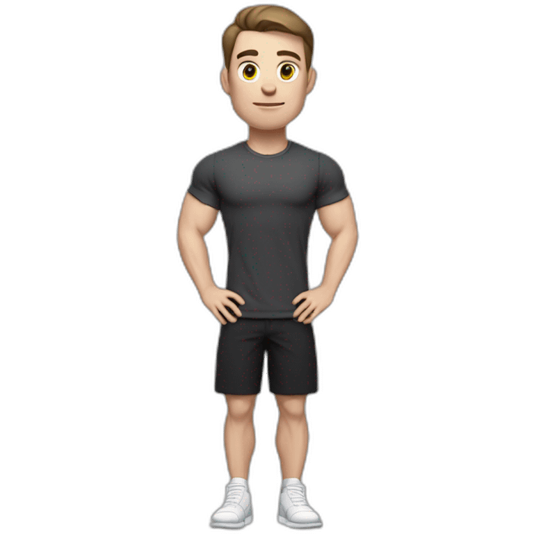 Pale skinned Fit Man With the biceps and dark brown hair in black shirt, gray sports shorts and white Sneakers emoji