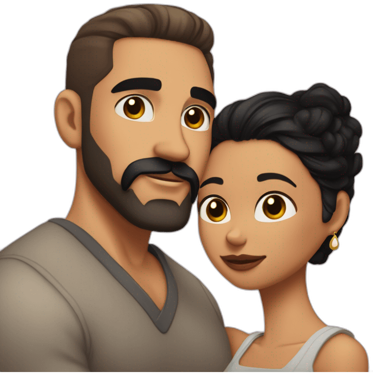 White latino man with Very short hair skin fade haircut , detailed moustache and beard, cuddling his black woman Wife  with straight keratin black hair and big earrings emoji