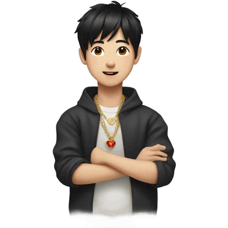 boy with black hair jewelry doing korean heart sign emoji