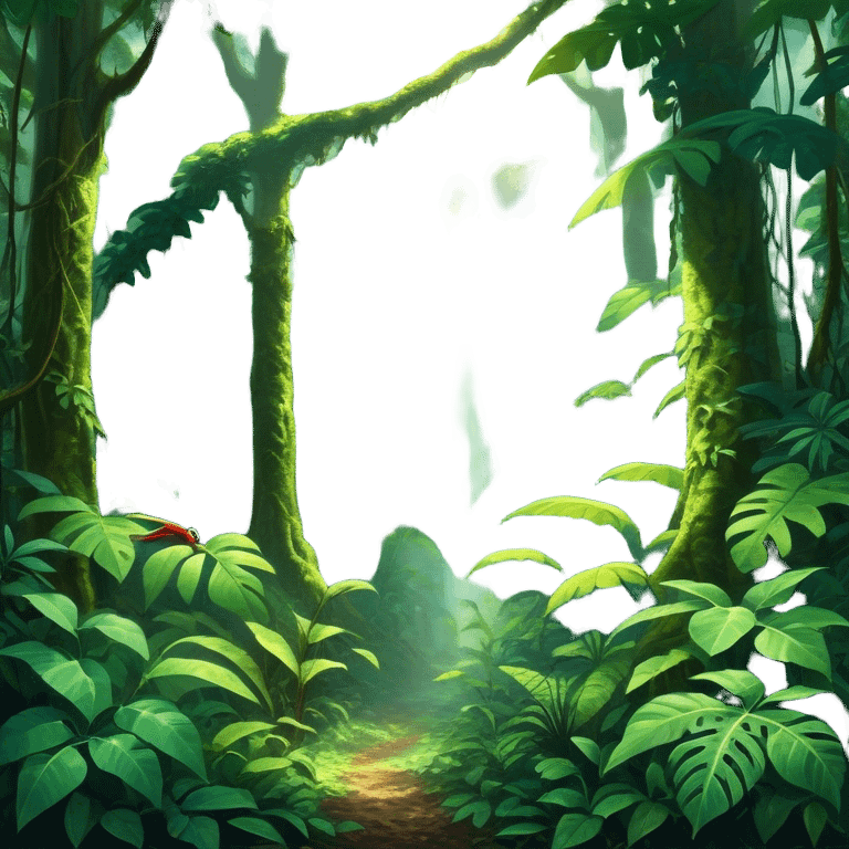 Cinematic Realistic Rainforest Emoji in a wooden frame, Lush and vibrant, filled with towering trees, thick vines, and dense green foliage, sunlight filtering through the canopy above, creating dappled patches of light on the rich, diverse undergrowth. The air is heavy with moisture, with mist rising from the forest floor and distant calls of exotic birds and animals echoing through the trees. Soft glowing outline, capturing the essence of a thriving, untamed tropical paradise filled with life! emoji