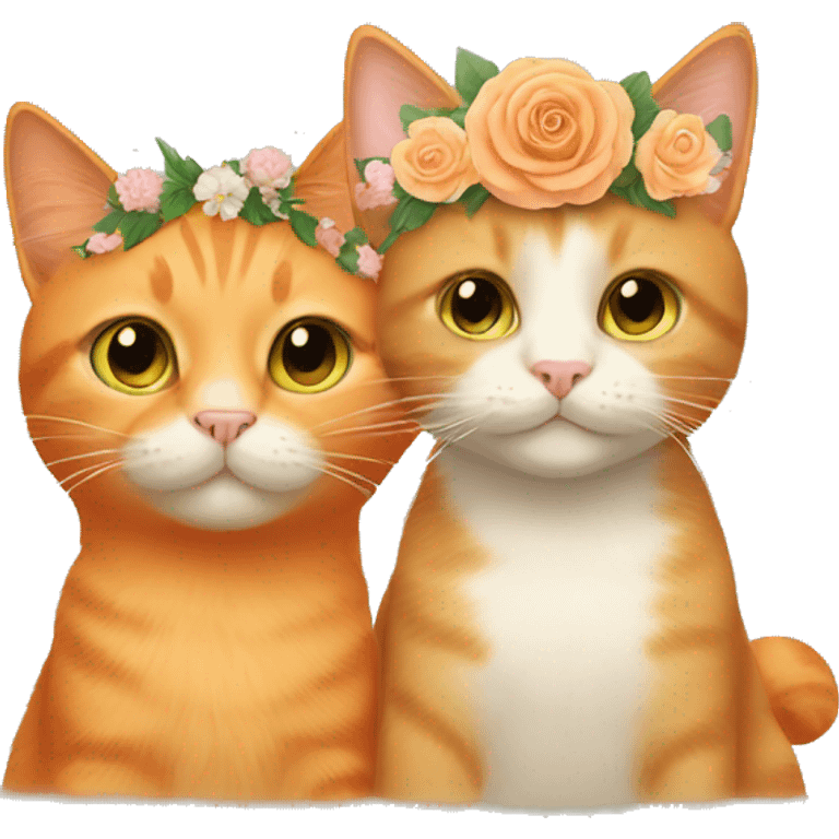 Orange cat and beige cat wearing flower crowns emoji