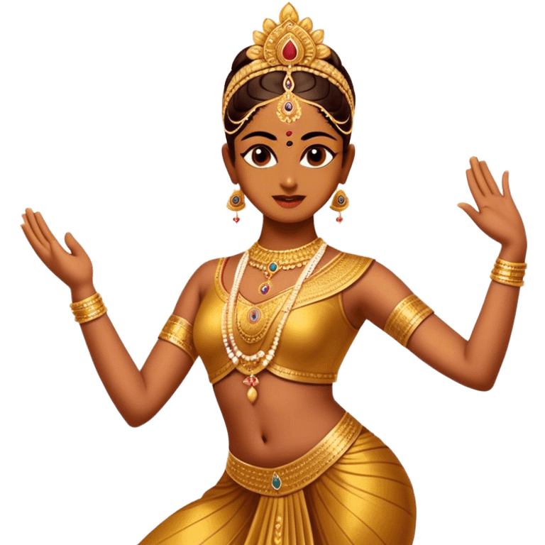 Cinematic Realistic Bharatanatyam Dance Emoji, depicted as an elegant classical Indian dance performance with graceful poses, intricate costumes, and expressive hand gestures, rendered with rich textures and warm dramatic lighting that captures its timeless beauty. emoji