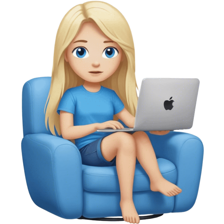 Cinematic realistic blonde with long hair, blue eyes, dressed in a T-shirt, sits in a soft, cozy armchair with a computer on her lap emoji