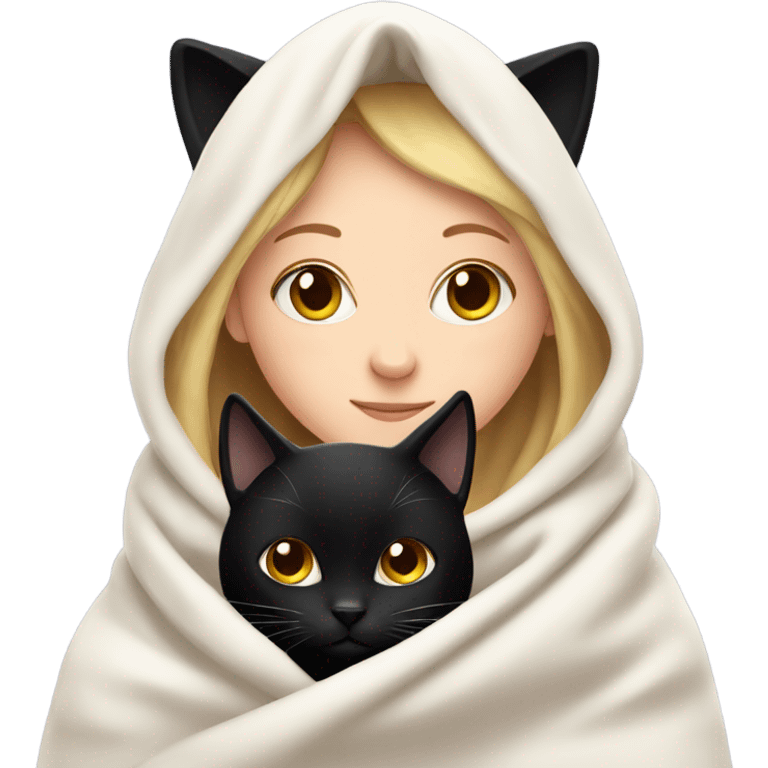 Black cat with White girl cosy under a blanket emoji