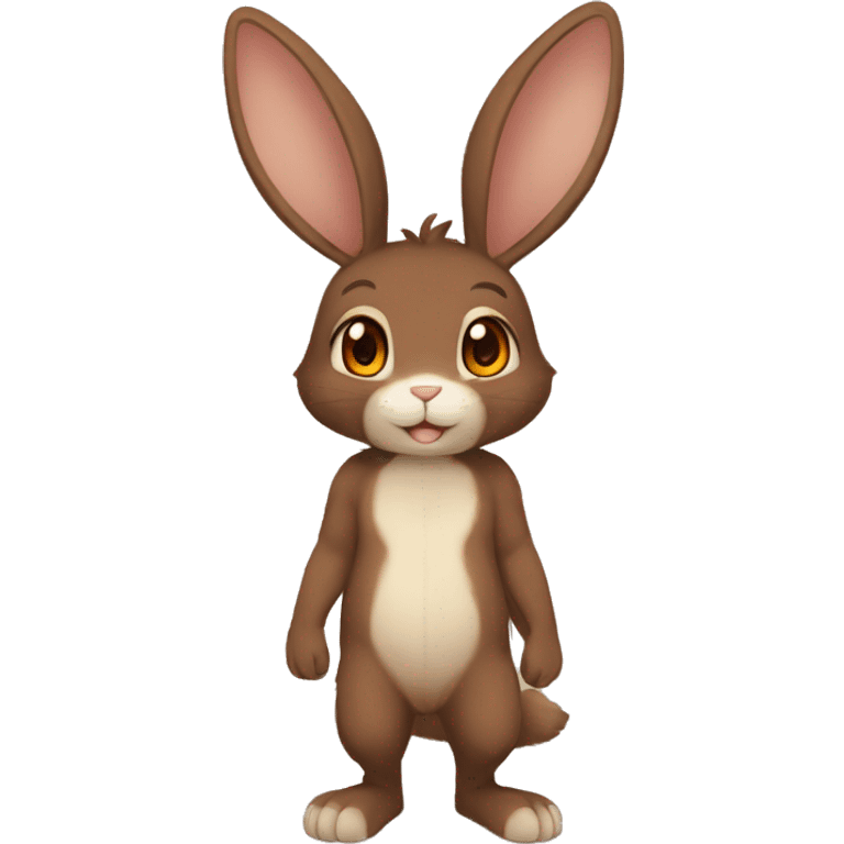 Anthro, Fur-Sona, Dark-Brown, Normal-type-Ground-type Tan-Rabbit-Fakémon with Dark-Red eyes, beige ears, beige belly, beige paws, beige feet, beige freckles, full body emoji