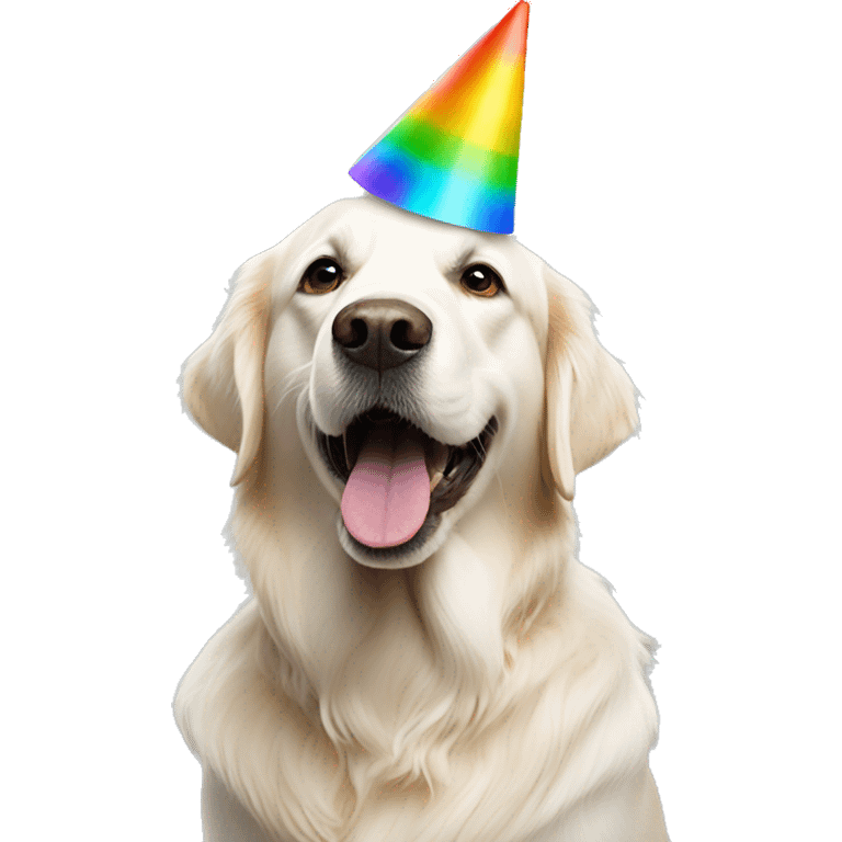 White golden retriever wearing multicolor party hat emoji