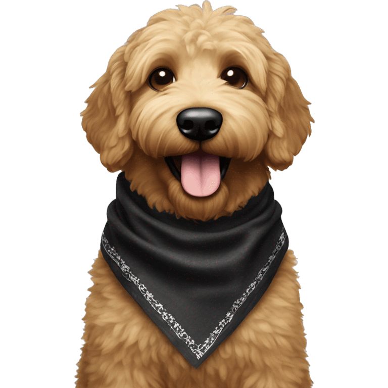 BLACK golden doodle wearing sunglasses with a big smile. Also with a bandanna around its neck. Dog needs to be all black emoji