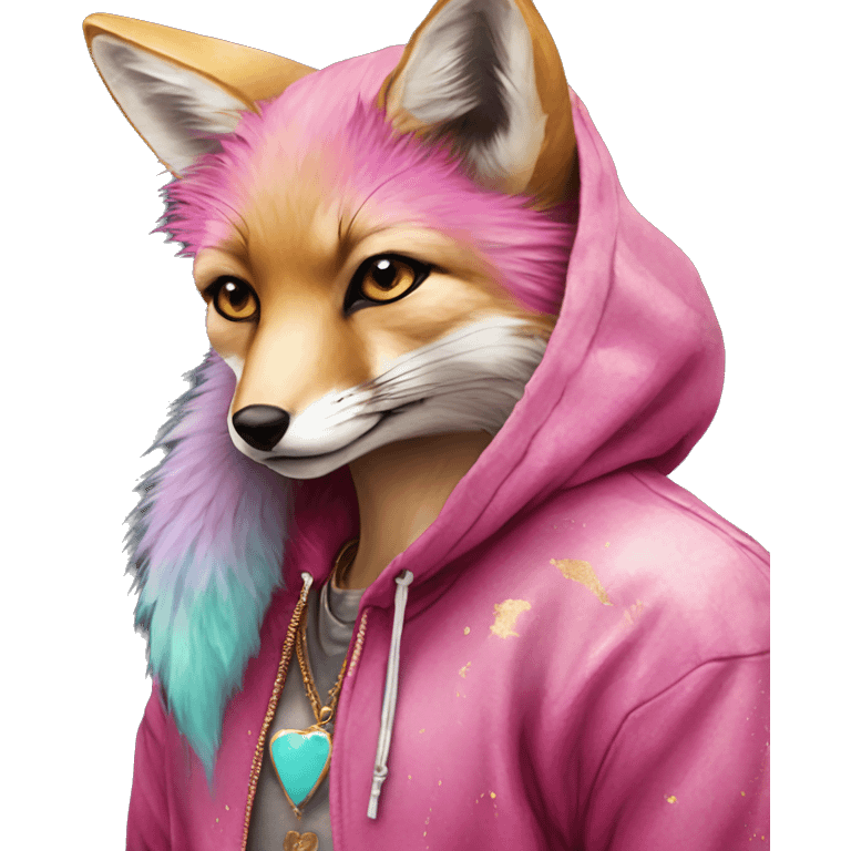 Pink magenta burgundy maroon cyan beige gray fox wearing a pink hoodie with gold jewellery gold piercings gold ear piercing gold nose piercing vintage watercolour tie dye black raven wings emoji