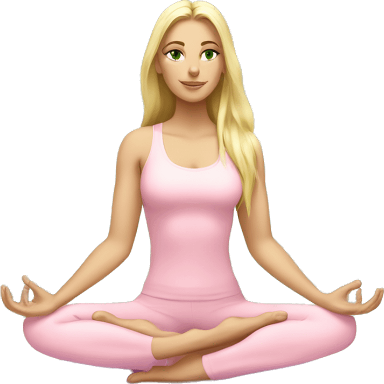 blonde long hair and green eyes yoga girl in light pink clothes sitting on a yoga mat emoji