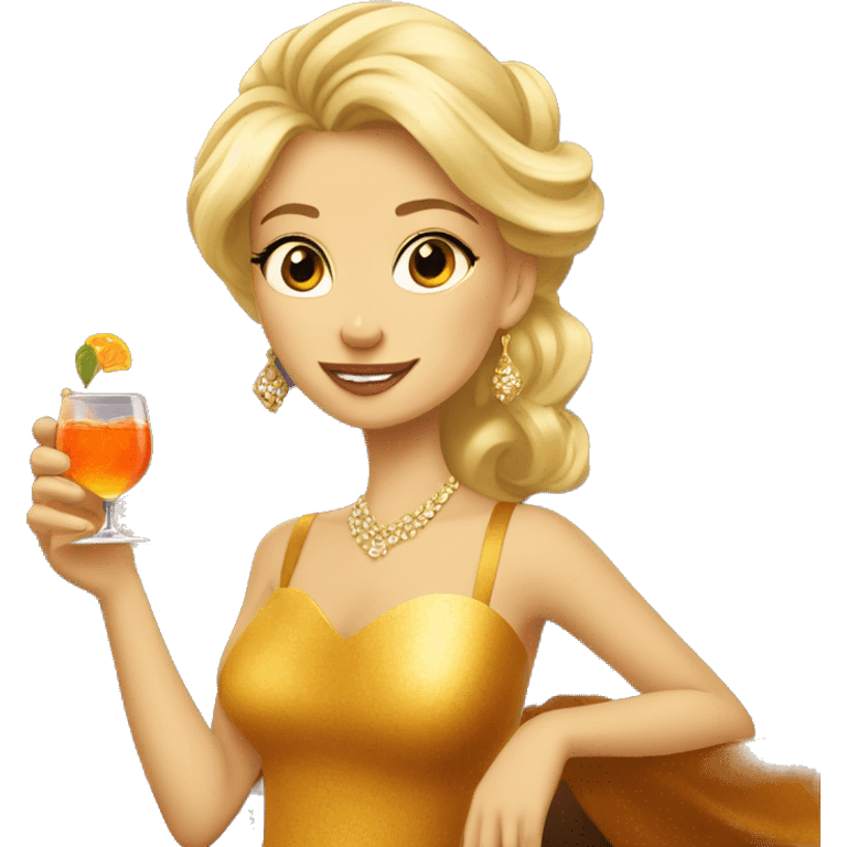 beautiful blond princess in a golden dress drinking aperol emoji