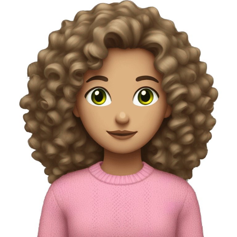 Caucasian brunette girl with curly hair and green eyes and a pink sweater emoji