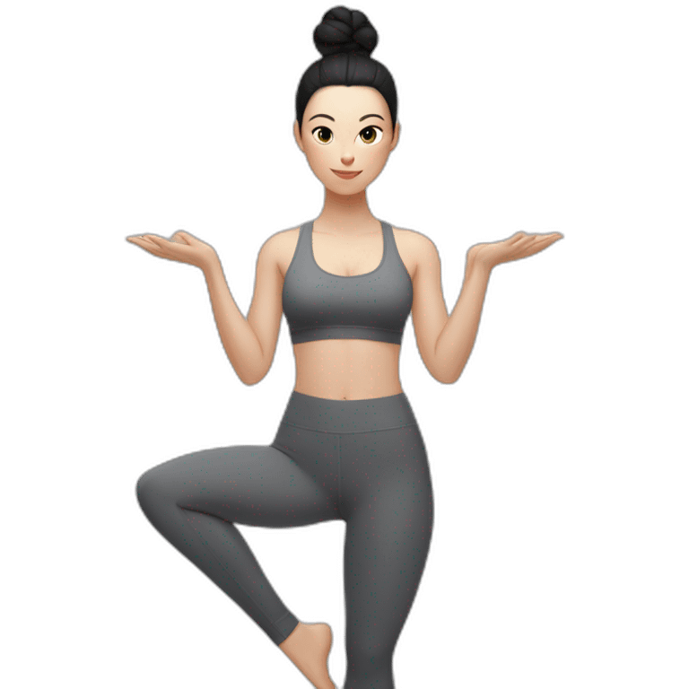 Pale skinned fit woman In a gray tight yoga suit and wristbands With black hair in a bun doing yoga emoji