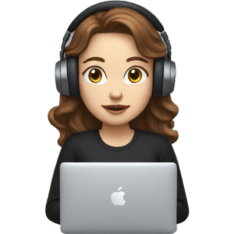 women with white skin and long brown wavy hair developing on a macbook with headset on, wearing a black t-shirt emoji