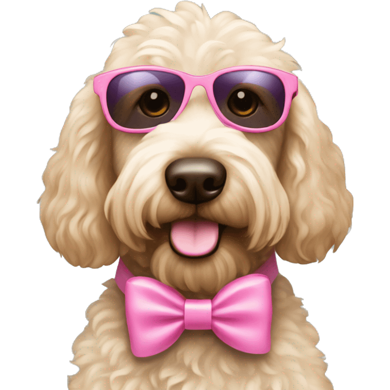 Labradoodle wearing pink bows and fancy sunglasses emoji