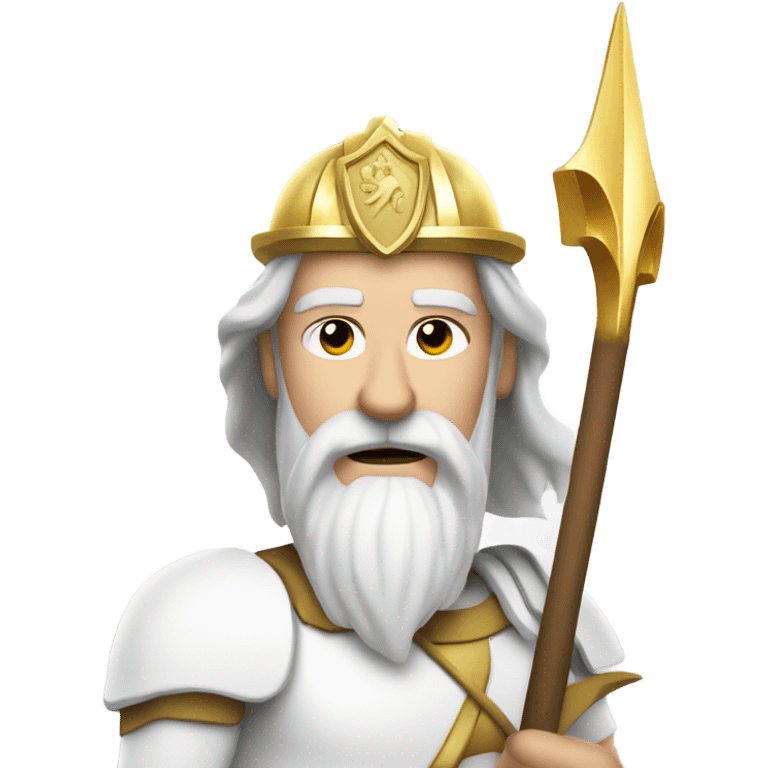 white man Poseidon with gold Trident. long white hair white dress.  with firefighter helmet emoji