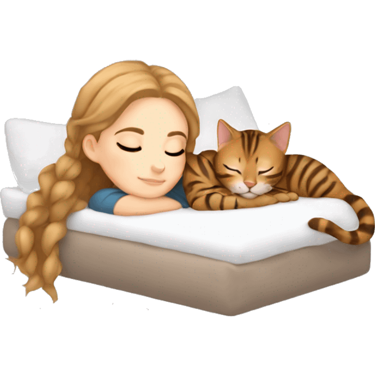 extremely light skin girl with light brown hair sleeping with cute bengal cat emoji