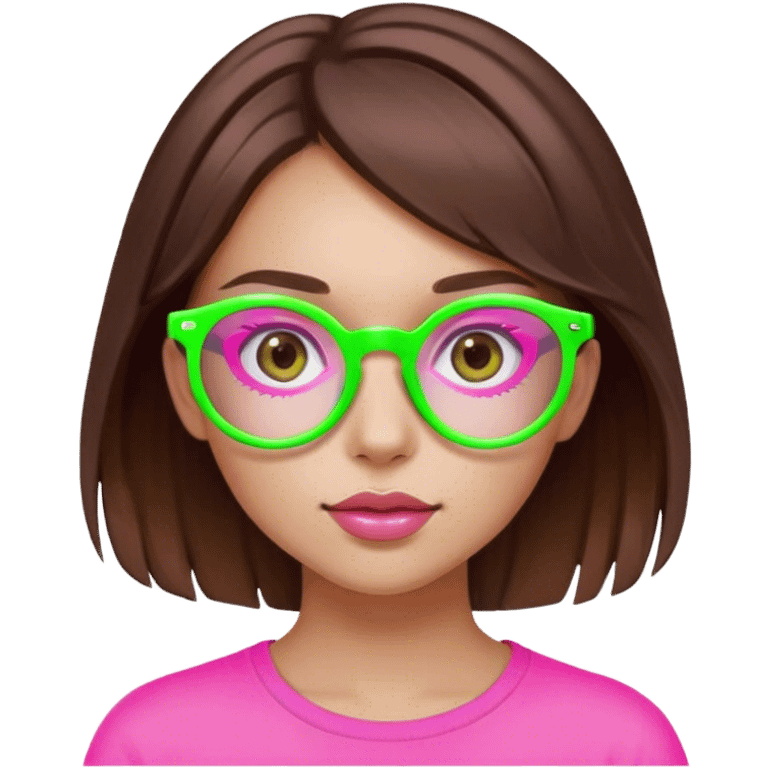 Make a girl with pink round glasses brown eyes and hair with a neon green hair emoji