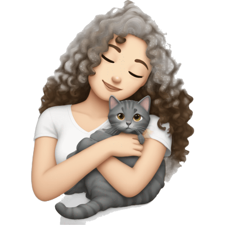 White Girl curly brunette hair cuddling with grey cat emoji