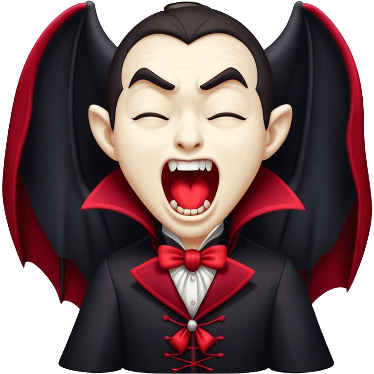 Cinematic Cute Yawning Vampire Portrait Emoji, with a small, rounded, charming pale face accented with tiny playful fangs and droopy, half-closed eyes, head tilted in an adorable wide yawn, dressed in miniature elegant dark attire with a hint of crimson, simplified yet irresistibly endearing, highly detailed with a soft, mysterious glow and gentle outline that captures the cute, drowsy side of an immortal! emoji