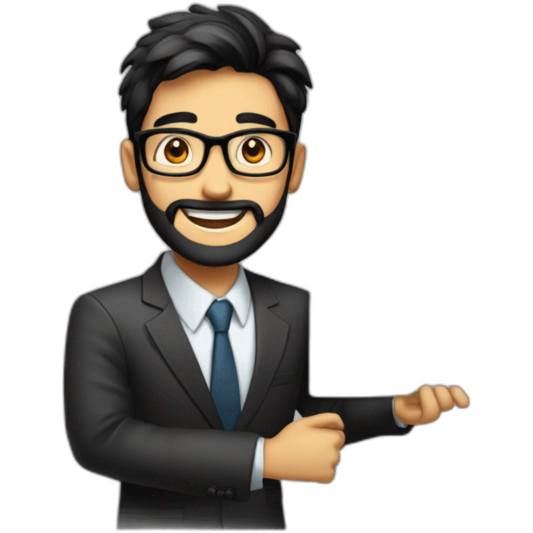 a boy with specs in business suit black hairs with lite beard and looking excited with a board written on it Nyatrend.in emoji