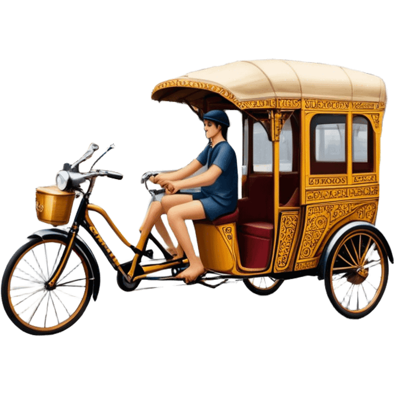 Cyclo rickshaw – Cinematic Realistic Cyclo Rickshaw, depicted as a charming, ornately painted three-wheeled cycle taxi with vintage detailing, set on bustling city streets under dynamic urban lighting that evokes cultural heritage and nostalgic charm. emoji