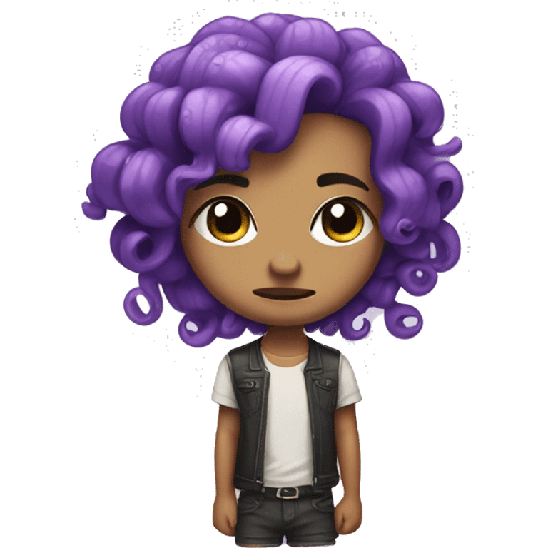 A cute chibi character with purple octopus cut hair and frowning cutely emoji