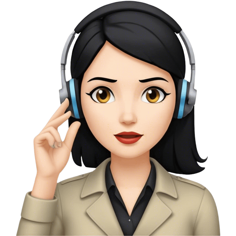 white Woman  with black hair with headset and her hand in her left ear like trying ti hear better like a spy enjoying the gossip emoji