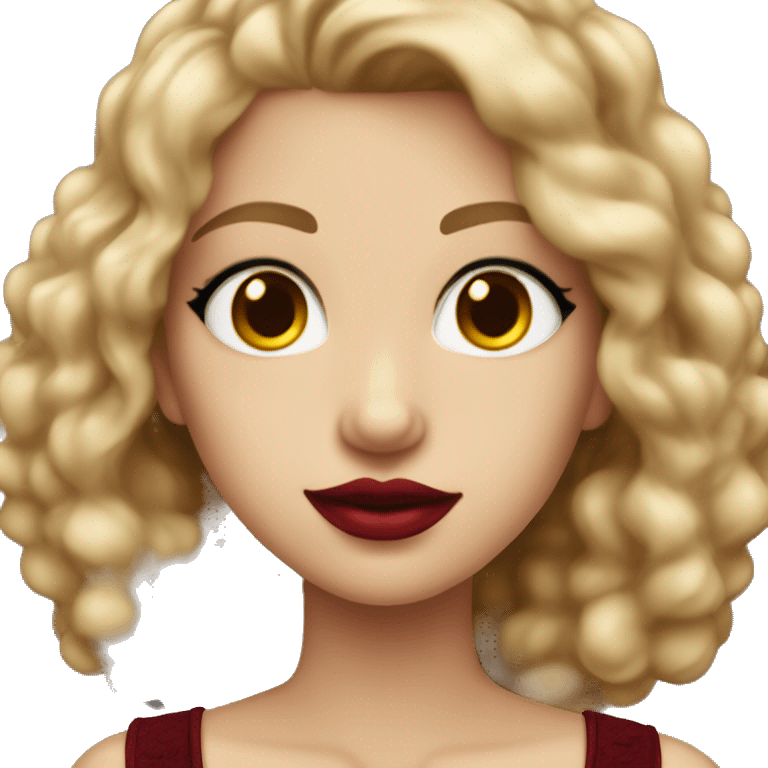 girl wearing a  burgundy corset dark blond boucle hair red lips hazel eyes emoji