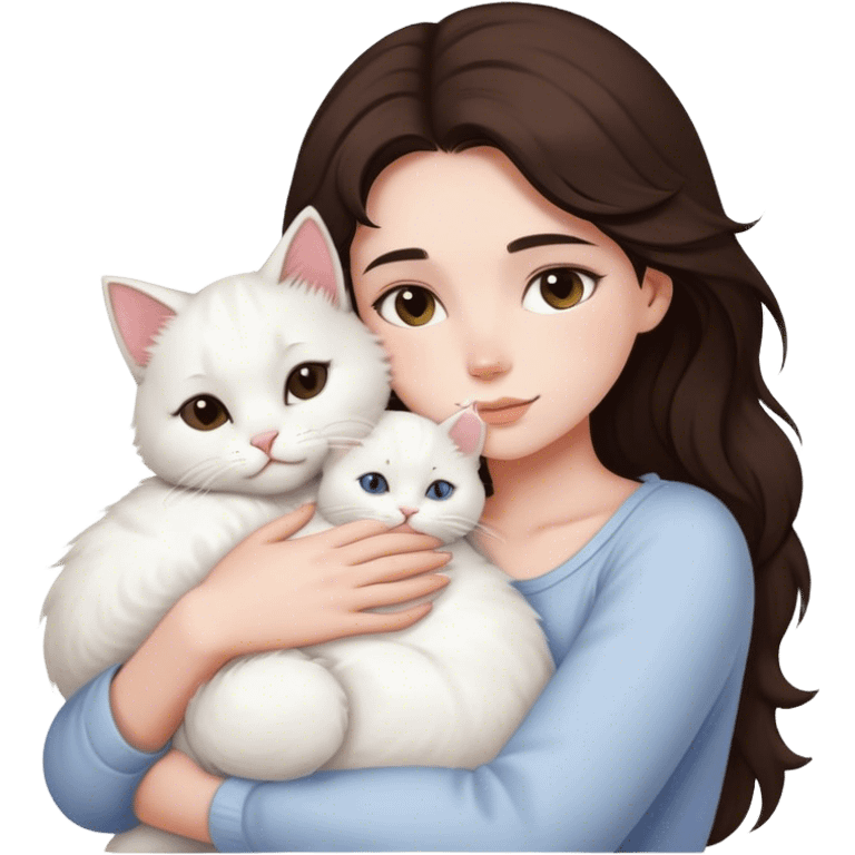 Brunette girl snuggling fluffy white cat emoji