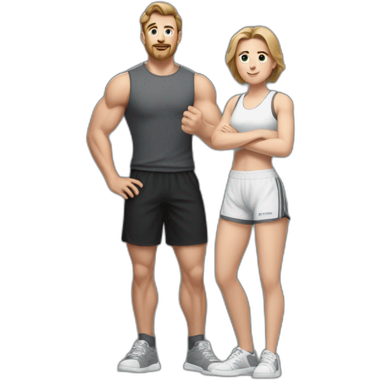 Full height Actively gesturing with hands Pale skinned Fit Man With the biceps and brown hair in dark gray Sleeveless Mike, black oversize sports shorts and white Sneakers emoji