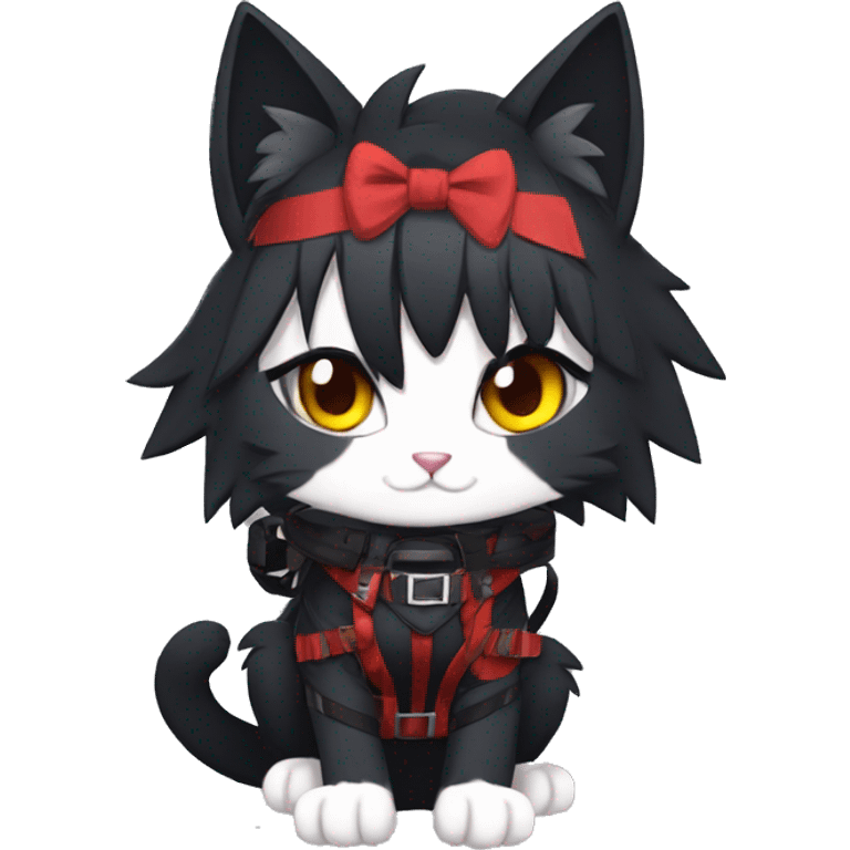 Anthro Edgy Cool Beautiful Black Cat-Fursona-Fakemon with Emo Hair-bangs with Red Chest Harness emoji