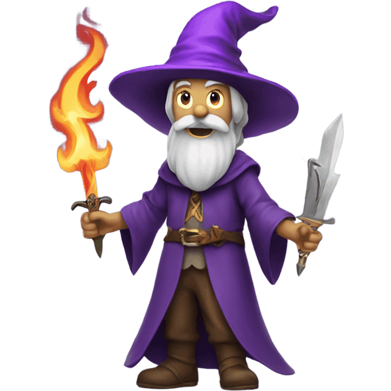 Wizard with a purple hat and a flaming dagger emoji