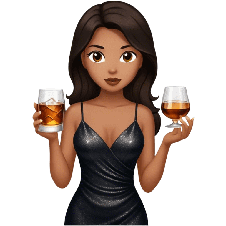 Beautiful woman in 1950’s woman fashion look, black shimmery dress, long dark brown hair, whisky with ice emoji