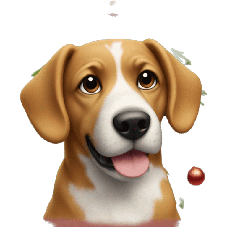 A dog near the Christmas tree emoji