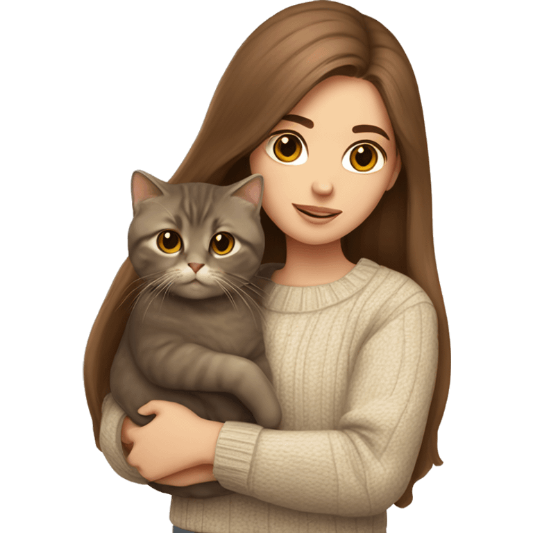 Girl with long brown hair in sweater holding a scottish fold cat emoji