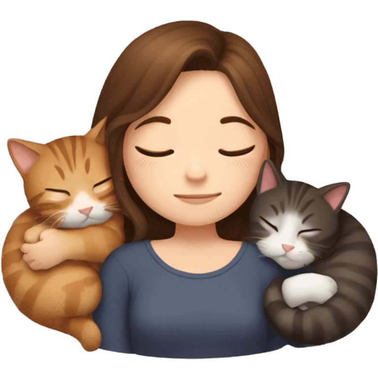 girl brown hair sleeping with 2 cats emoji