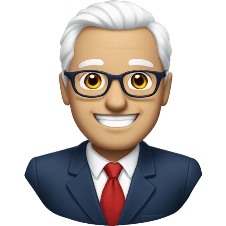 A heavy man, white hair, with glasses, no beard, smiling with teeth, and wearing a navy blue suit and red tie emoji