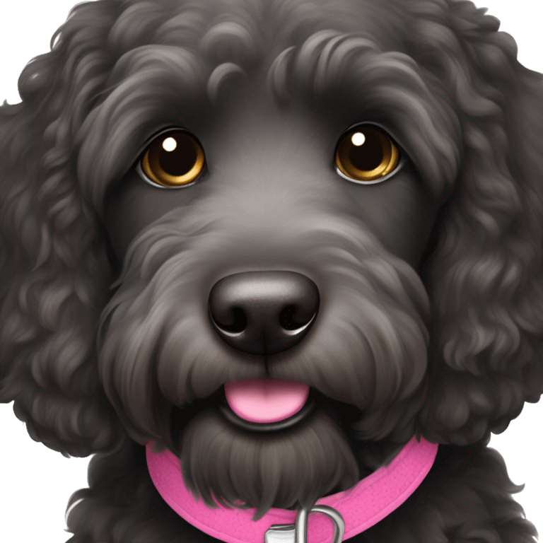 Black labradoodle female dog with a pink collar on with the name Bonnie emoji