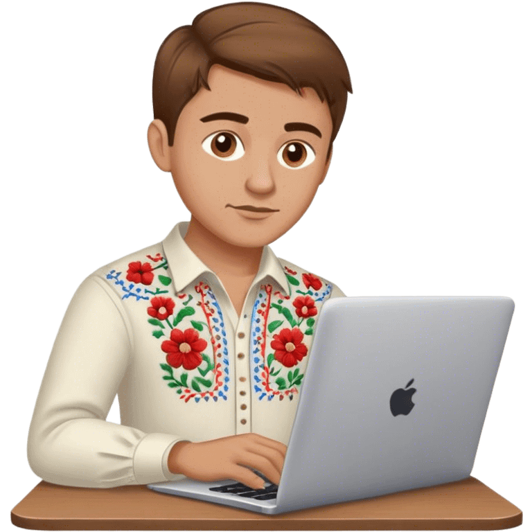 A Ukrainian guy with brown hair in an embroidered shirt works at his laptop emoji