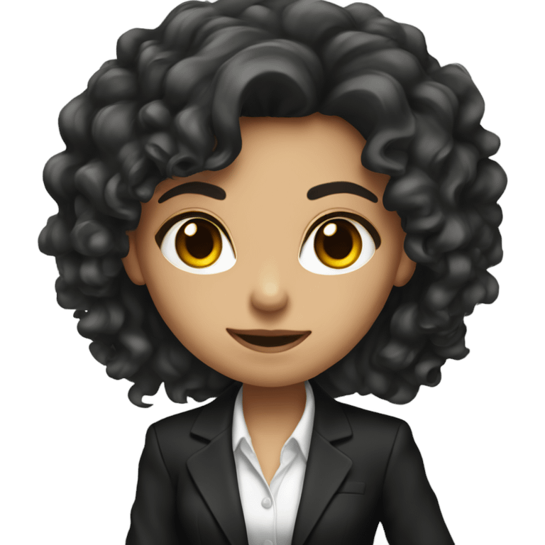 Brunette Girl with long curly hair in black suit with gun emoji