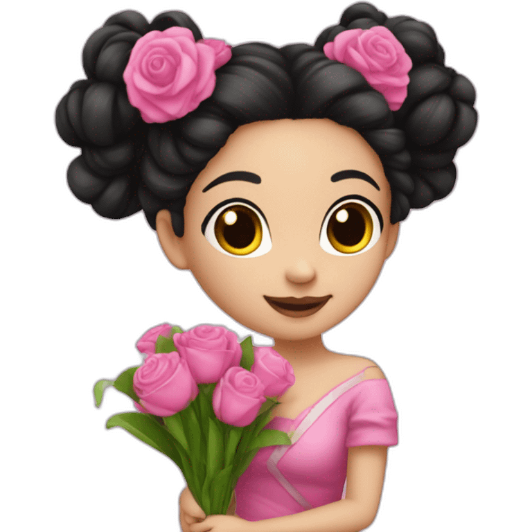 45 degree - white skin girl - black hair bun - wearing crazy pink cloth -holding bouquet emoji