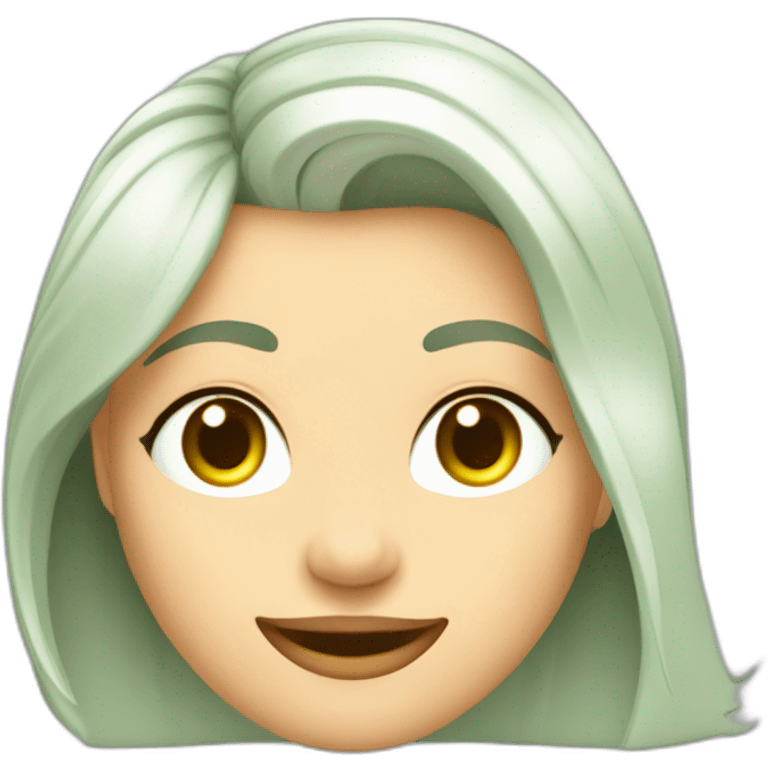 Mujer ,Pelo rubio ceniza corte bob, ojos verdes grande, pestañas con rímel, sonrisa, cara ovalada pose haciendo yoga emoji