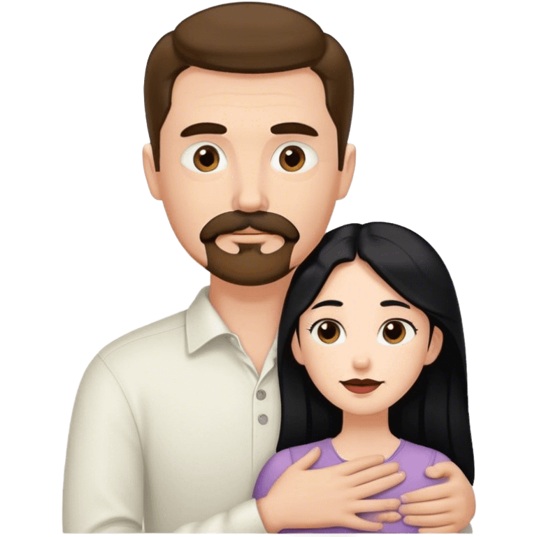 Tall white man with brown mustache and goatee hugging a short pale woman with long black hair emoji