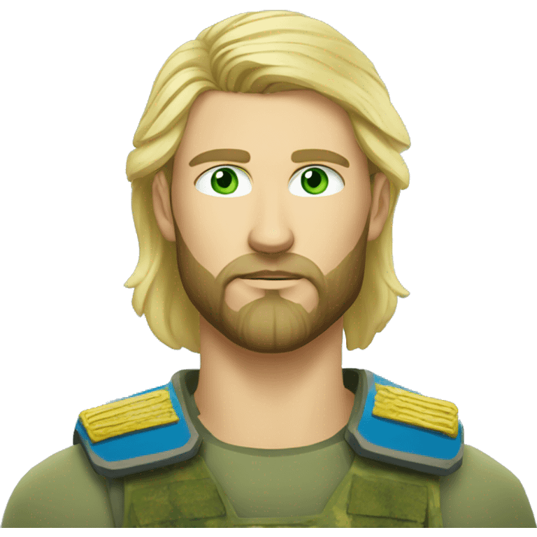 ukrainian military blonde man with a beard with green eyes with blue viking paint on the face  emoji