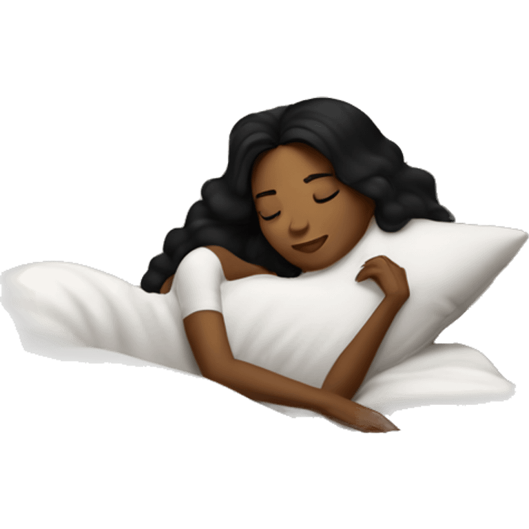 Sleeping woman laying with light brown skin and black hair laying on white pillow in large bed with black covers cozy emoji