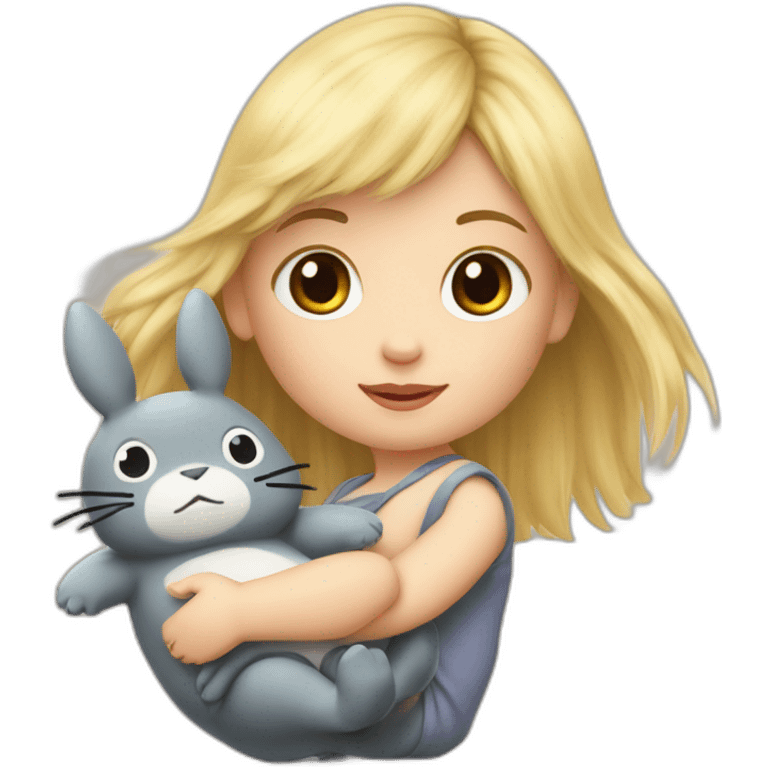 bébé fille blonde décoiffée avec une peluche Totoro  emoji